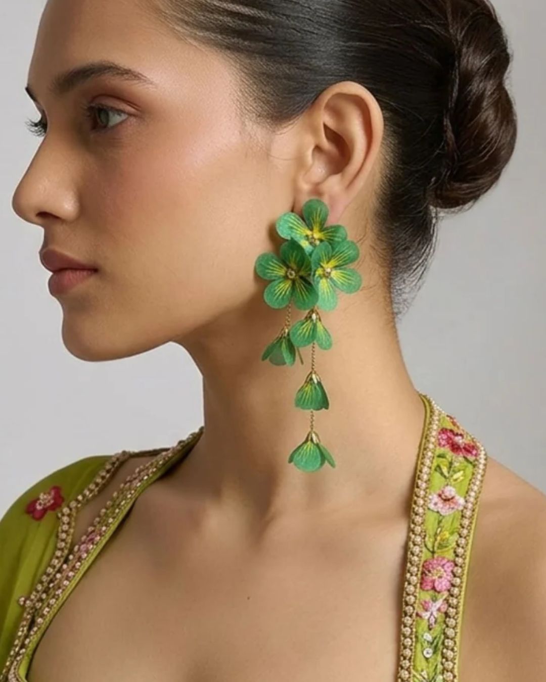 Feather-lite Green Flower Tassel Earrings