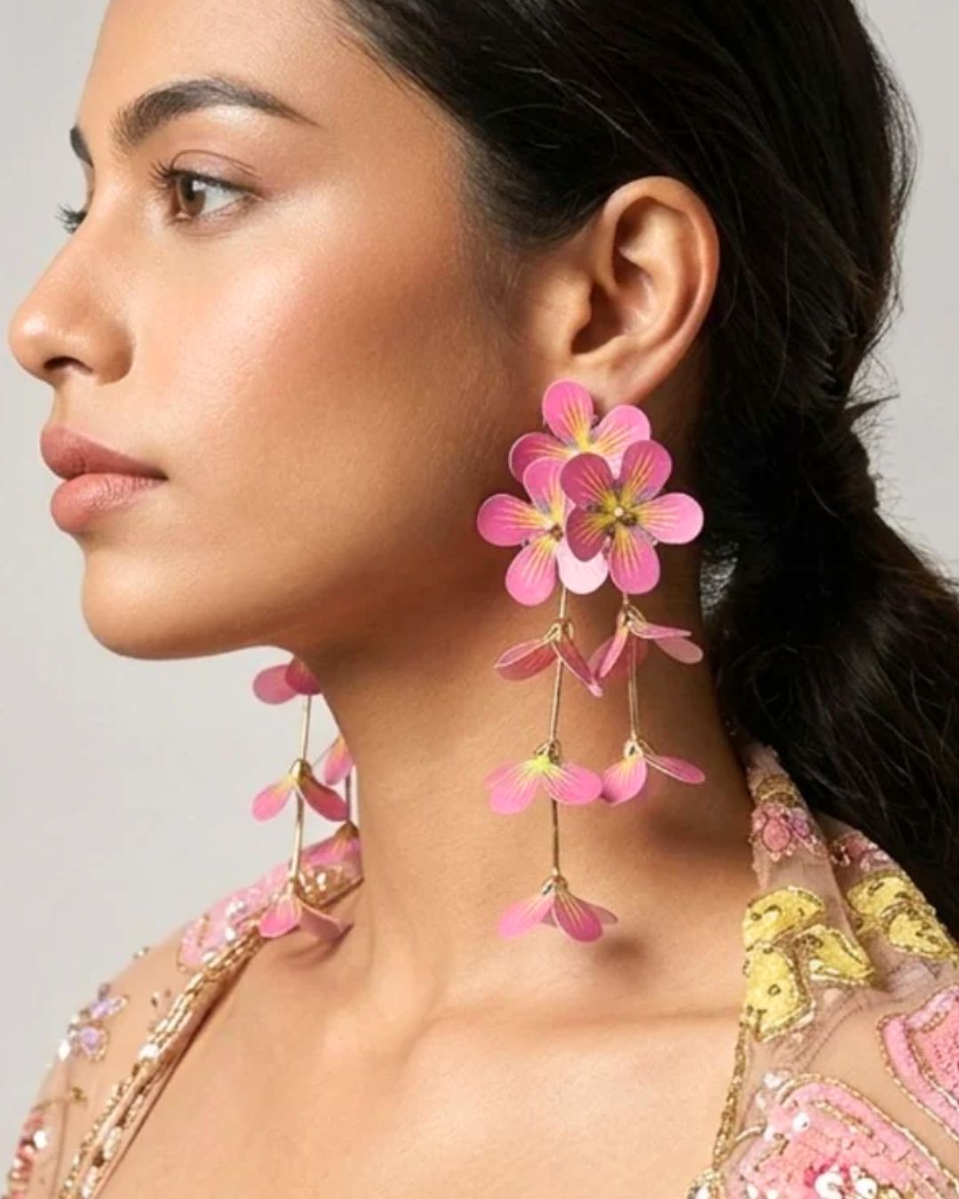 Feather-lite Pink Flower Tassel Earrings