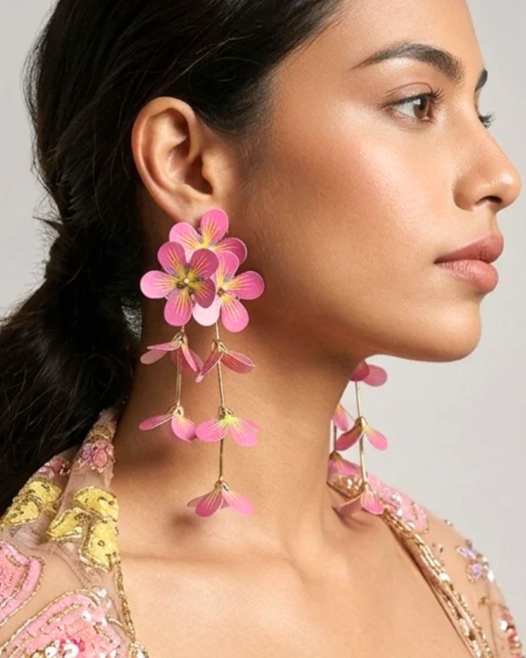 Feather-lite Pink Flower Tassel Earrings