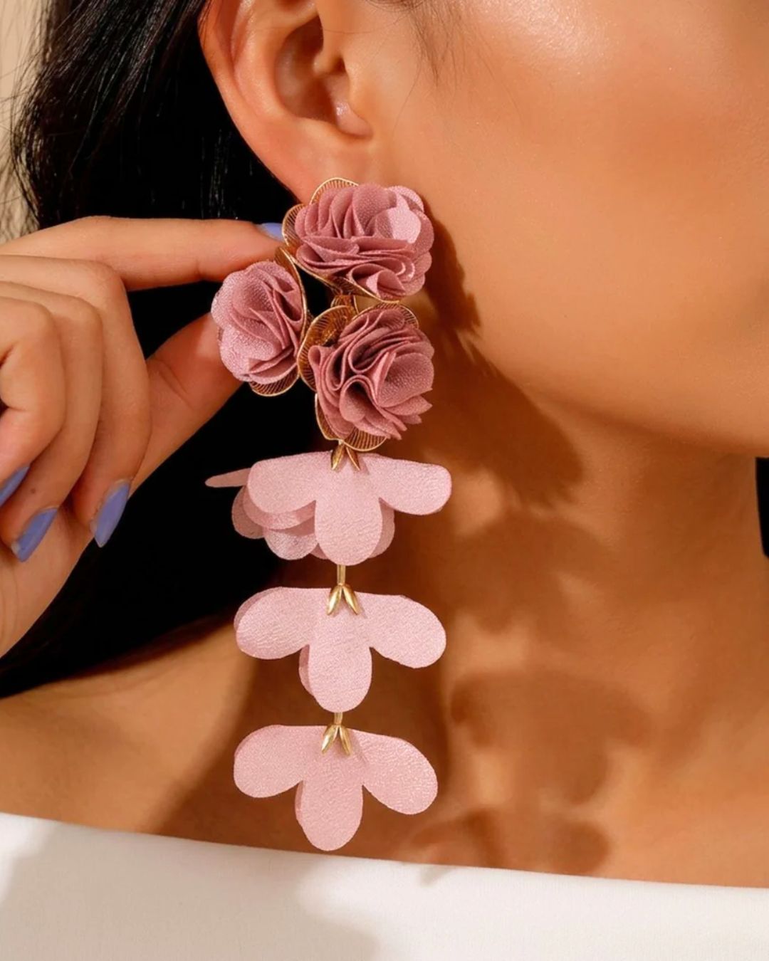 Blush Pink Flower Petal Tassel Drop Earrings