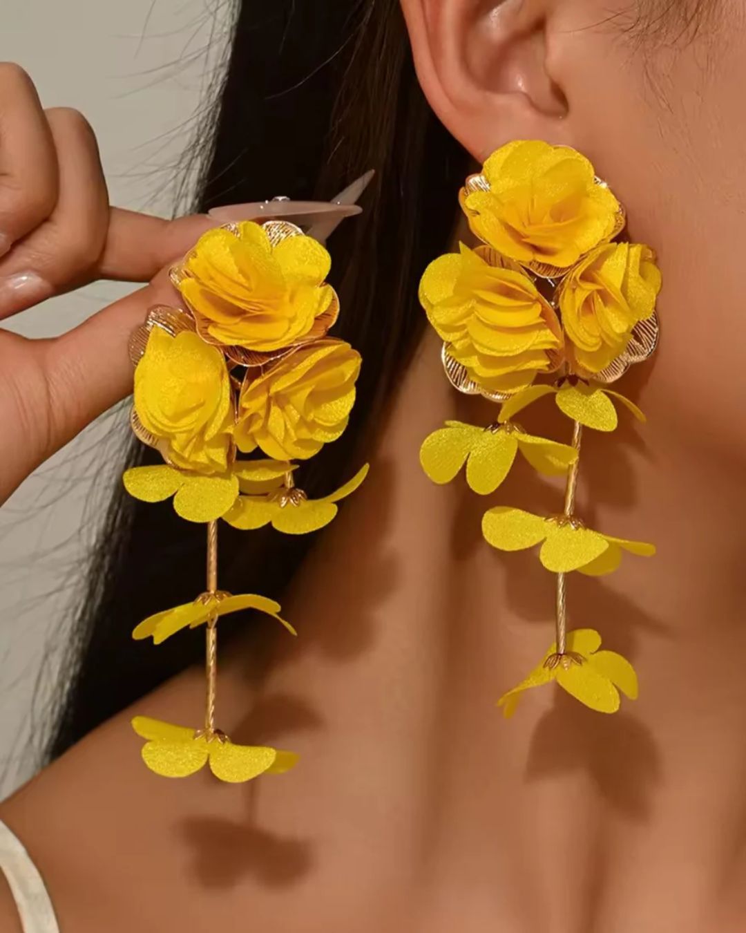 Yellow Flower Petal Tassel Drop Earrings
