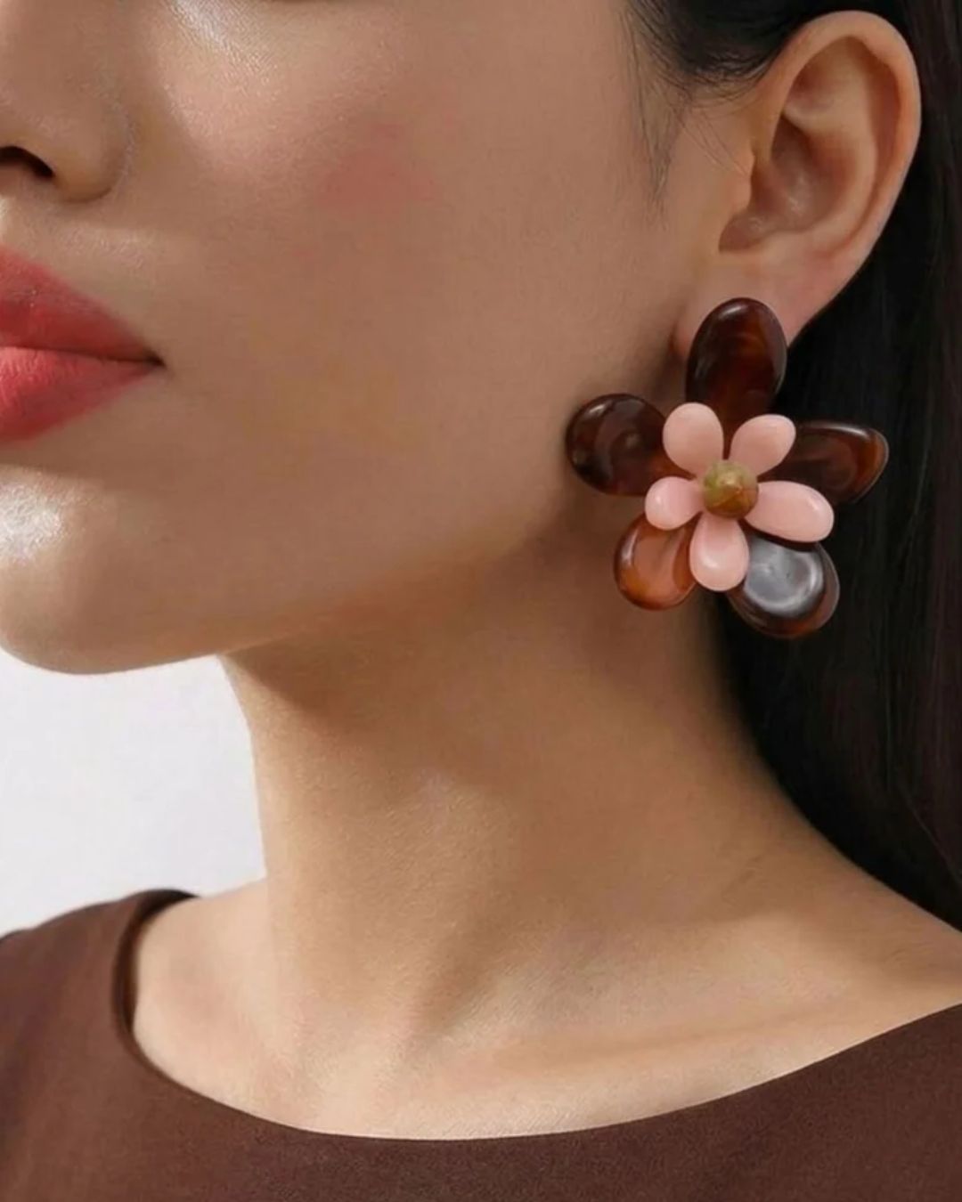 Brown Acrylic Layer Flower Stud Earrings