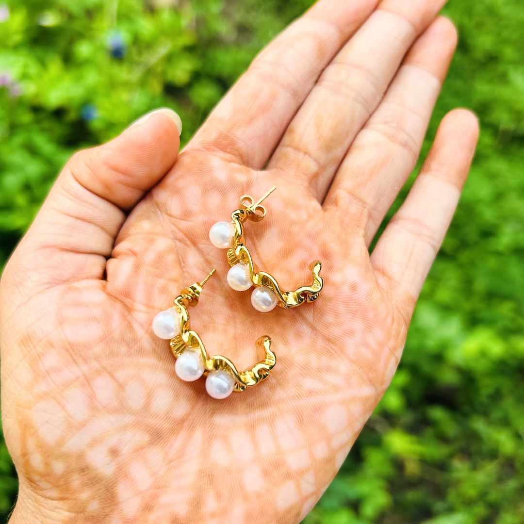 Golden Pearl Crown Hoop Earrings