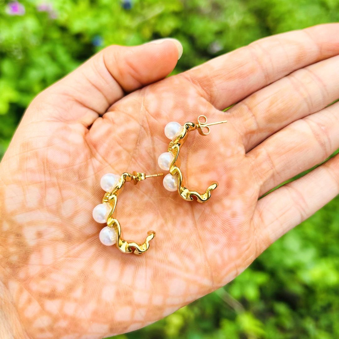 Golden Pearl Crown Hoop Earrings