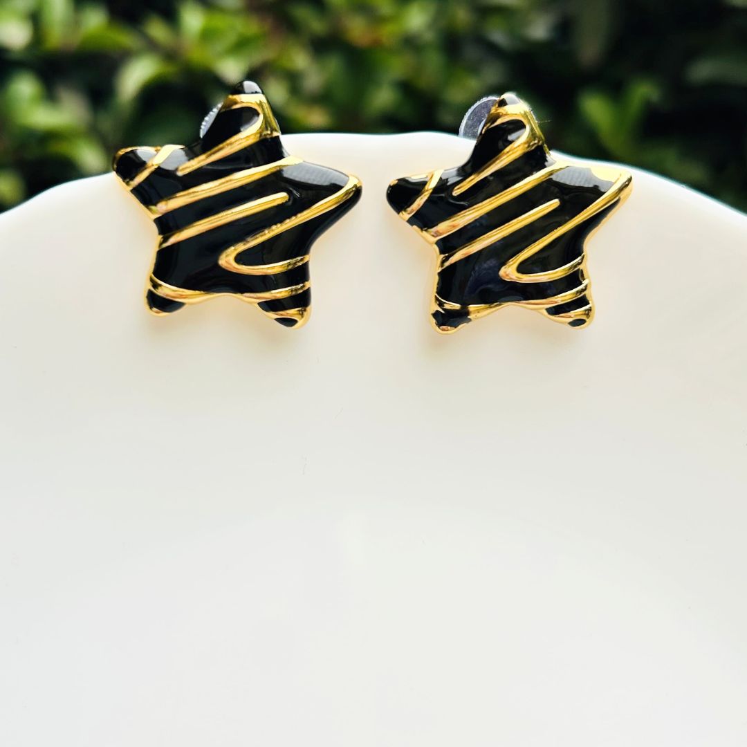 Black And Golden Star Stud Earrings