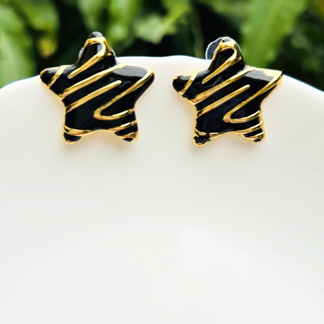 Black And Golden Star Stud Earrings