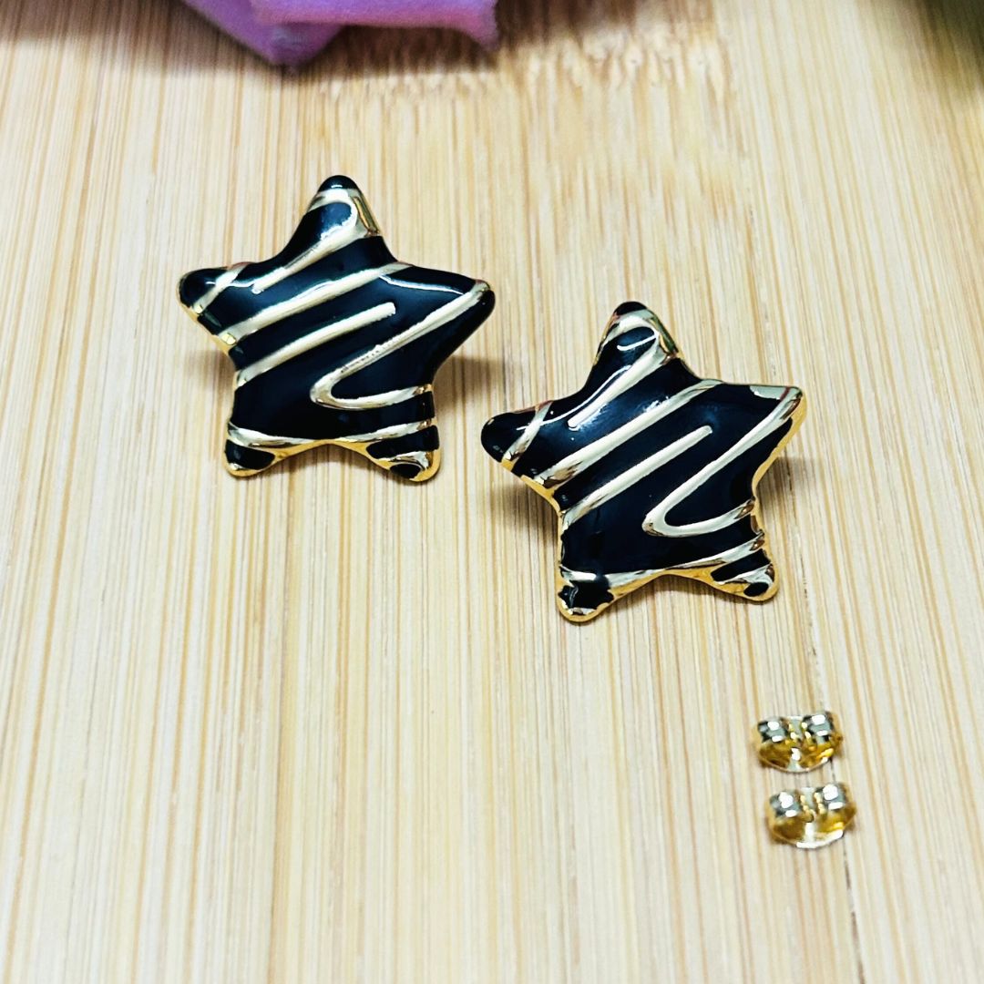 Black And Golden Star Stud Earrings