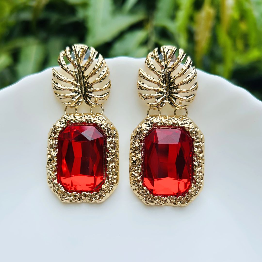 Red Rhinestone Leaf Earrings