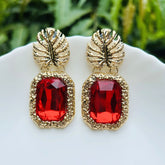 Red Rhinestone Leaf Earrings
