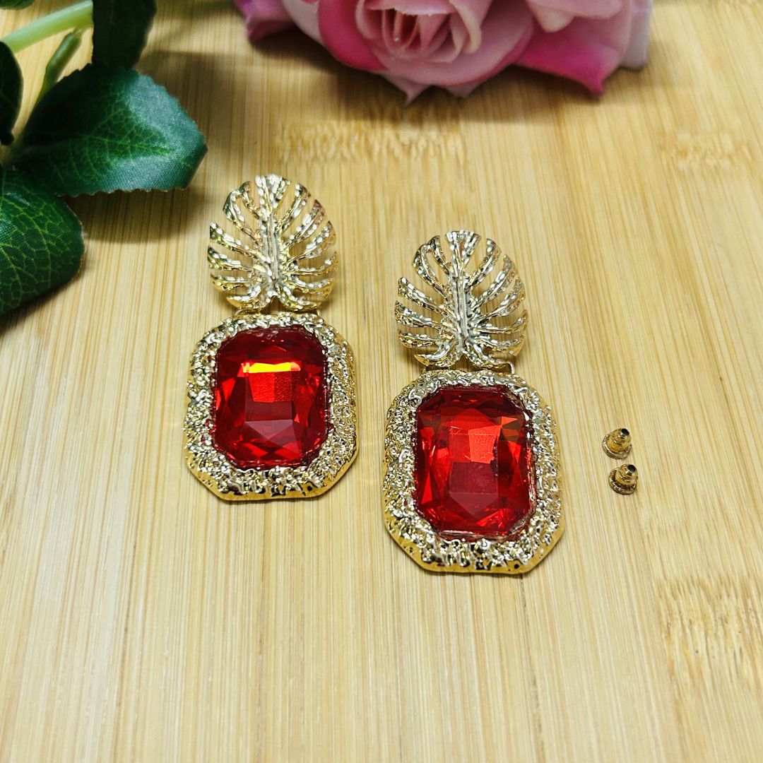Red Rhinestone Leaf Earrings