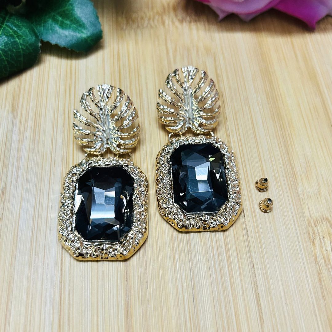 Black Rhinestone Leaf Earrings