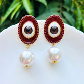 Maroon Pearl Evil Eye Drop Earrings