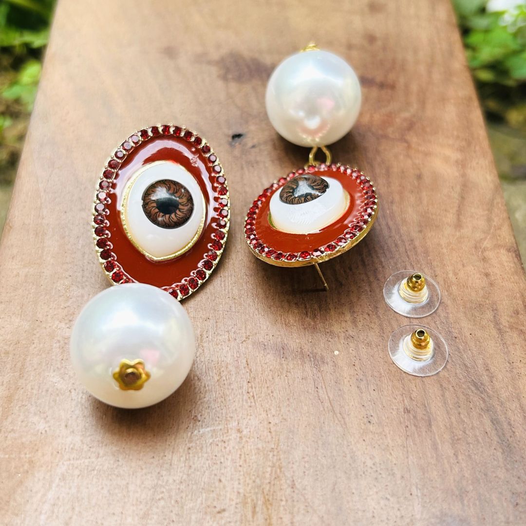 Maroon Pearl Evil Eye Drop Earrings