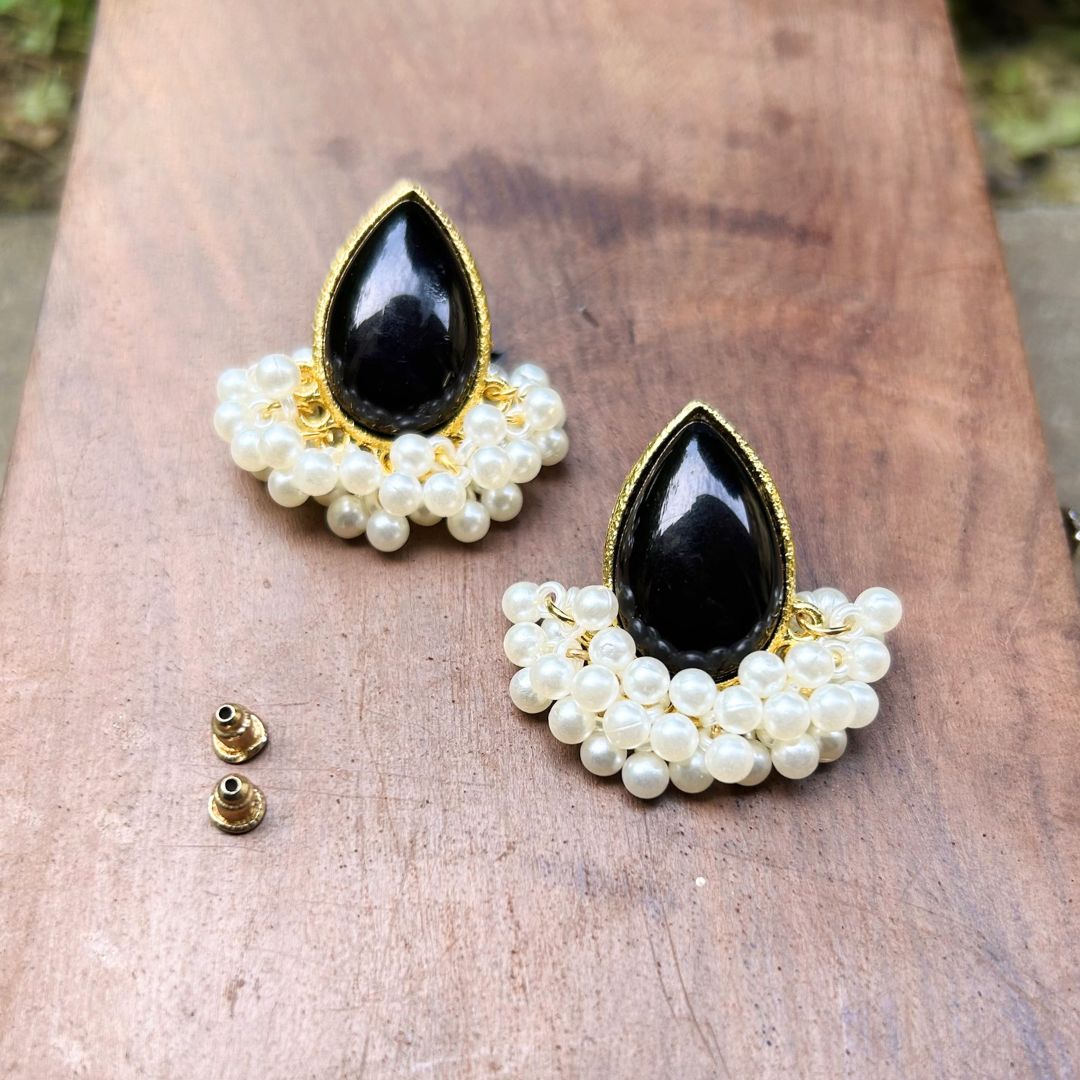 Black Drop Pearl Stud Earrings