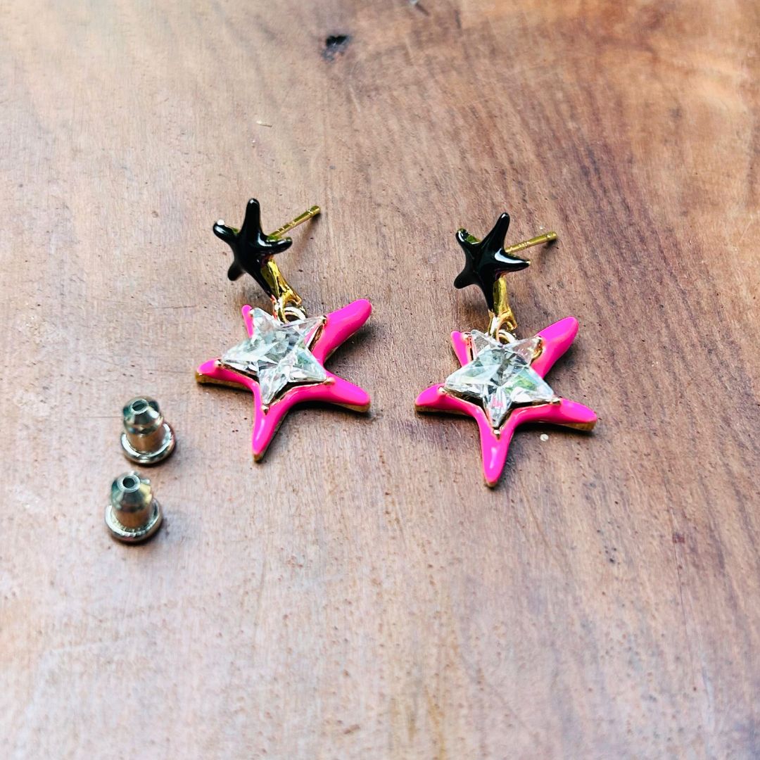 Pink And Black Star Drop Earrings