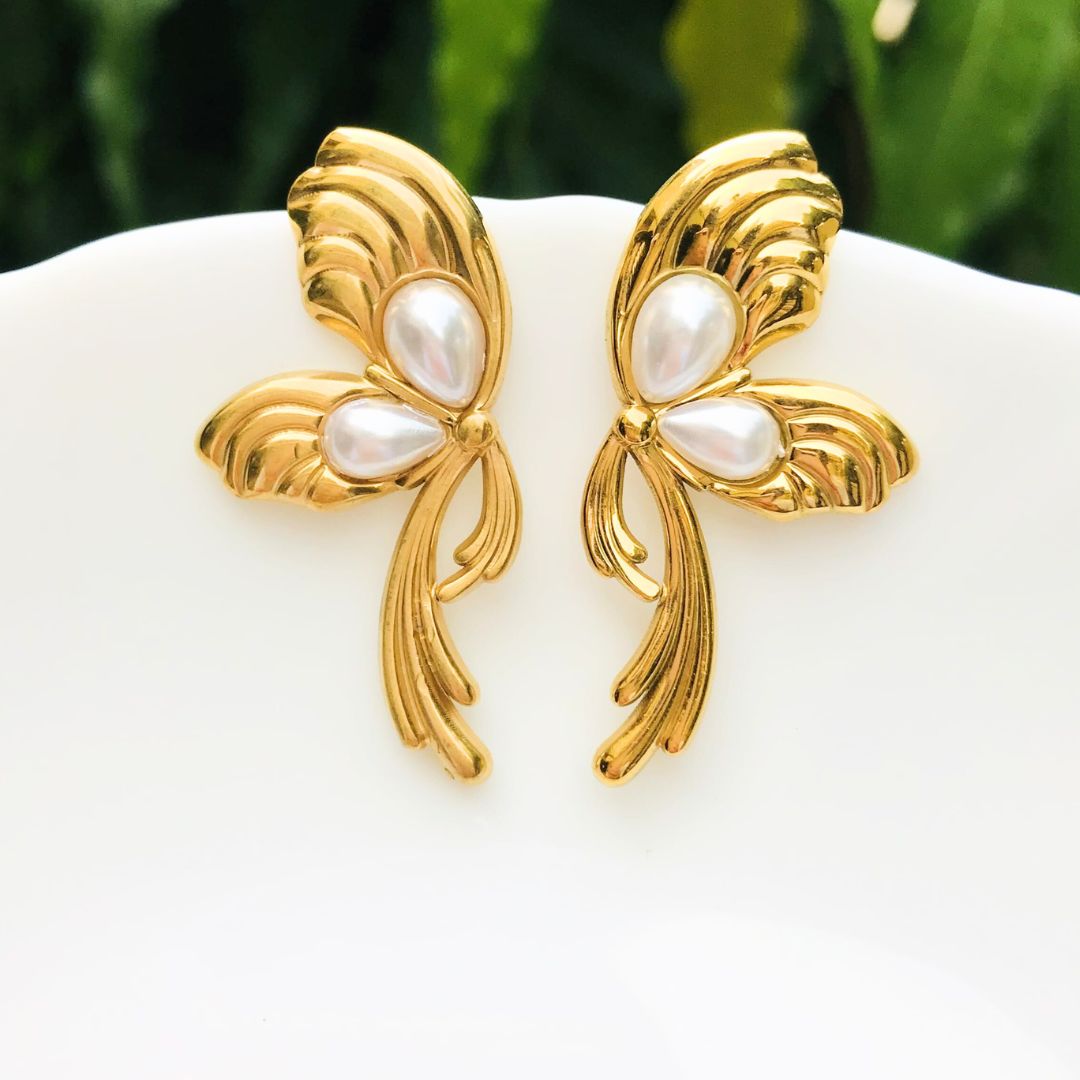 Butterfly Golden Pearl Stud Earrings