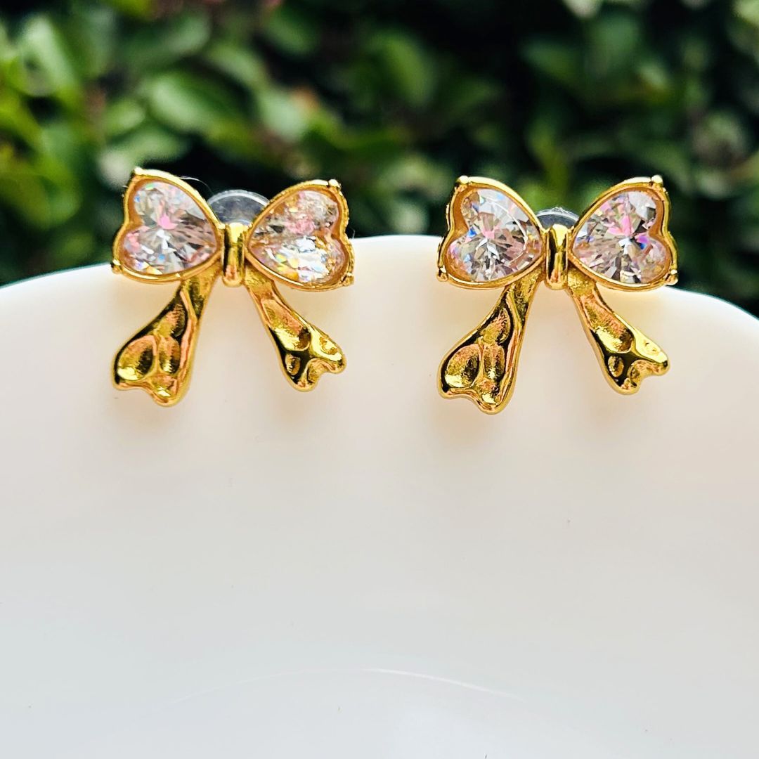 Crystal Bow Golden Stud Earrings