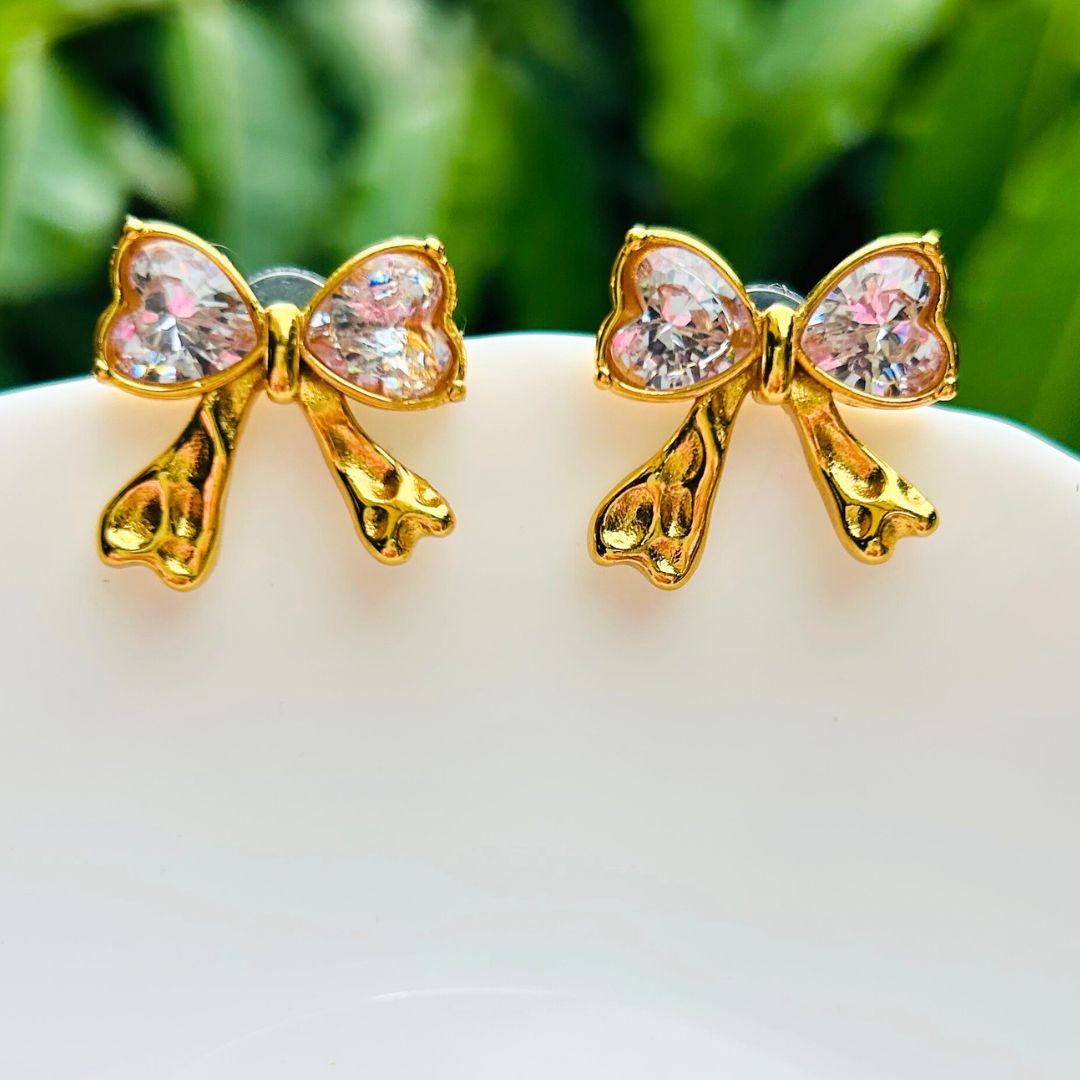 Crystal Bow Golden Stud Earrings