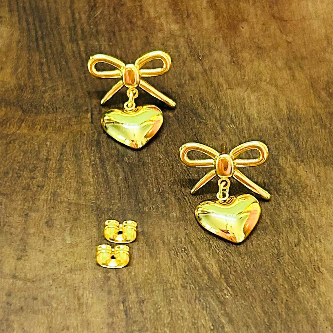 Golden Bow Heart Stud Earrings