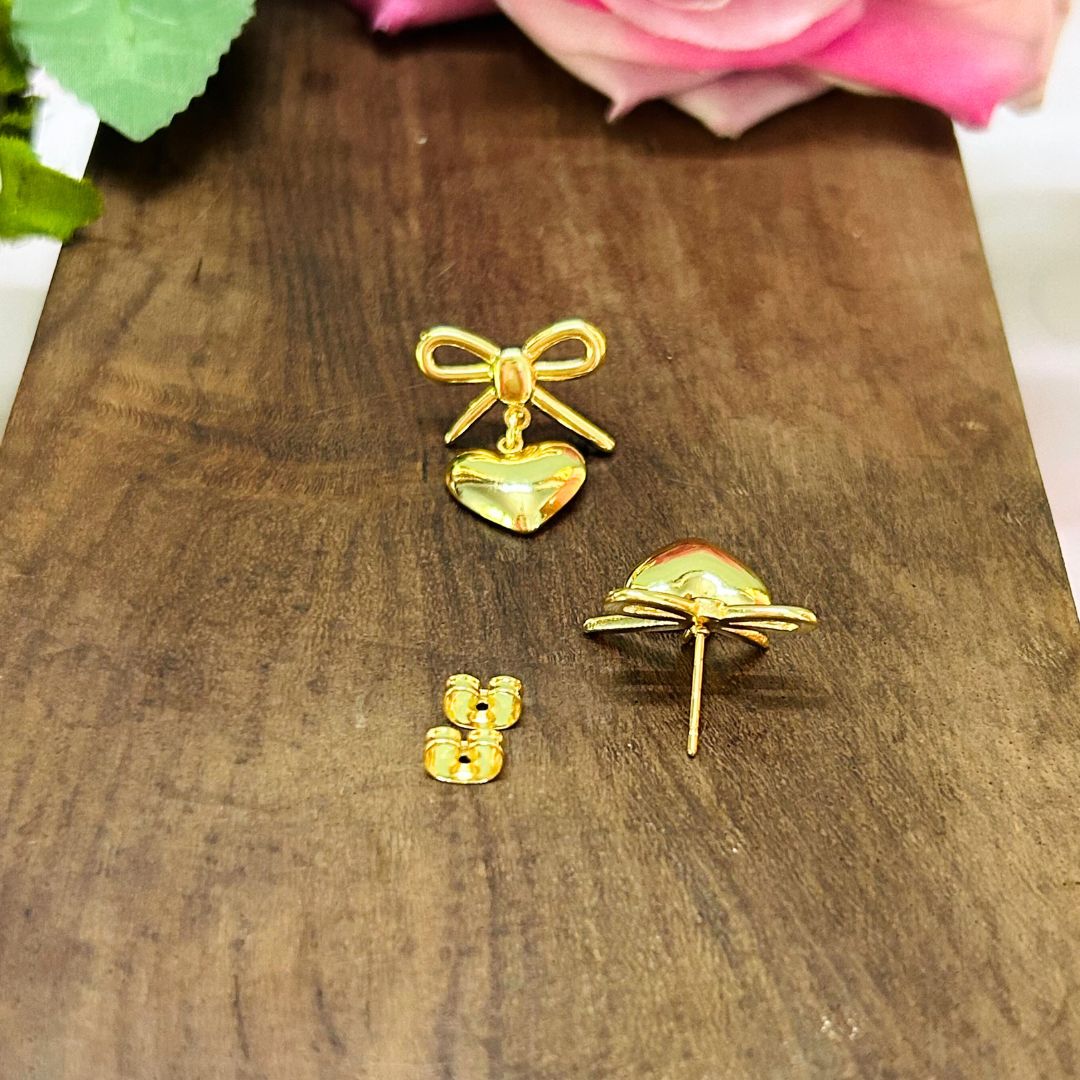 Golden Bow Heart Stud Earrings