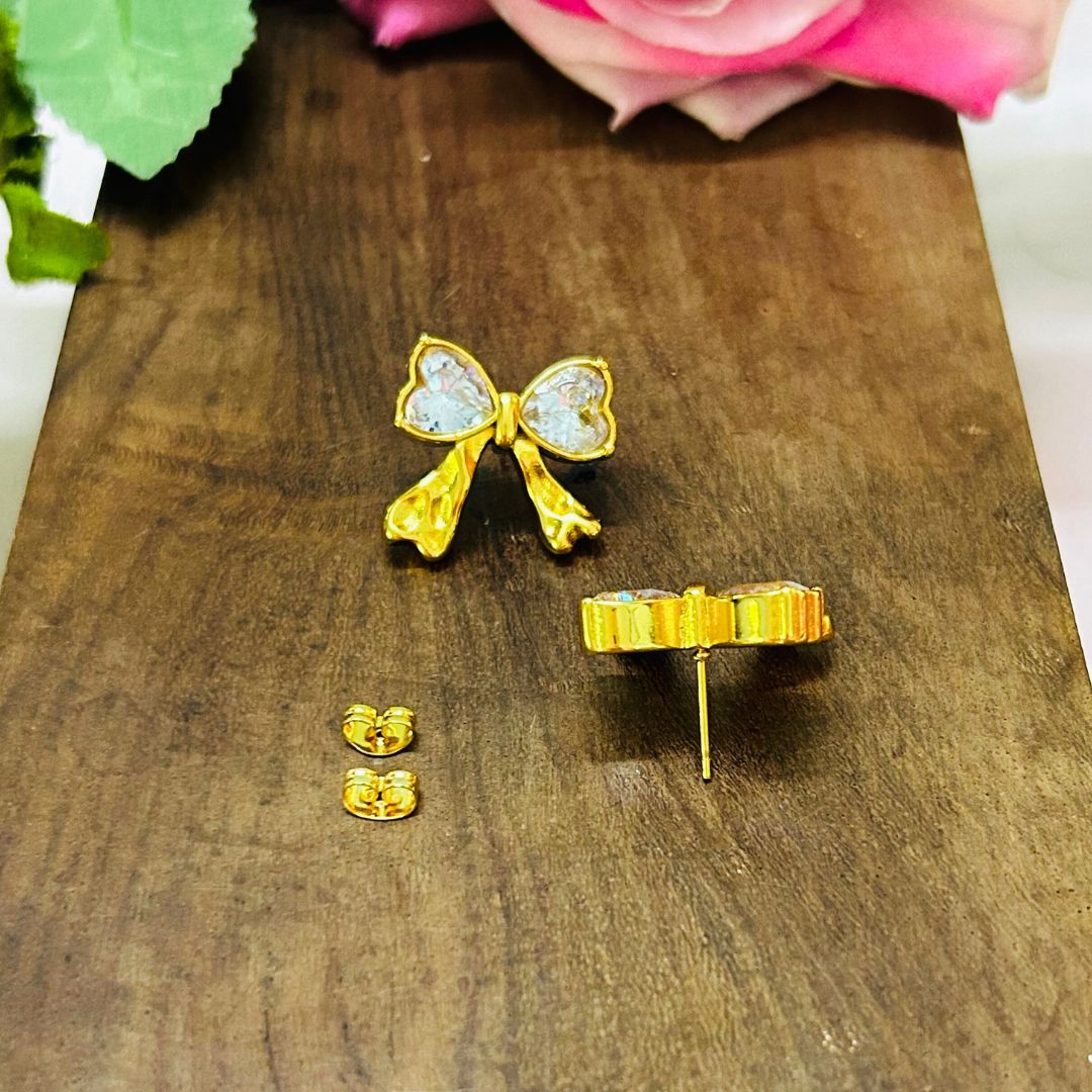 Crystal Bow Golden Stud Earrings
