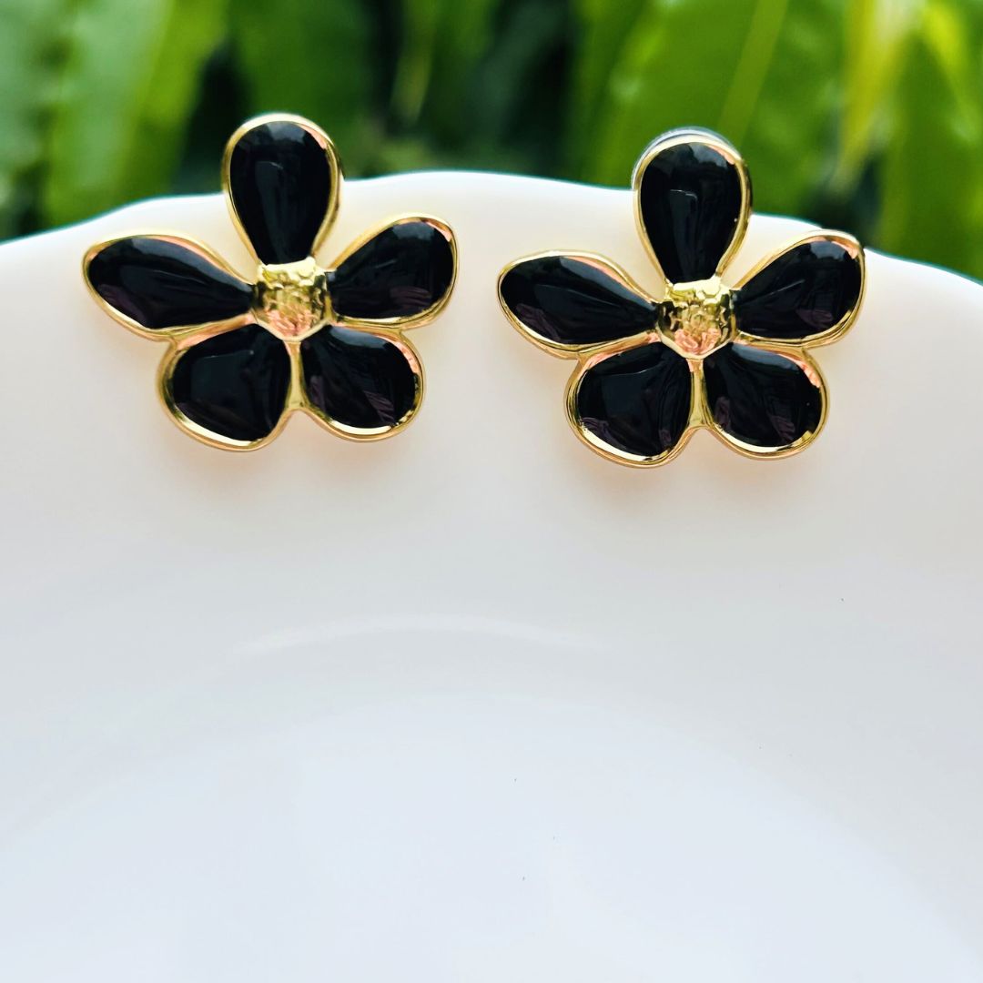 Floral Black Stud Earrings