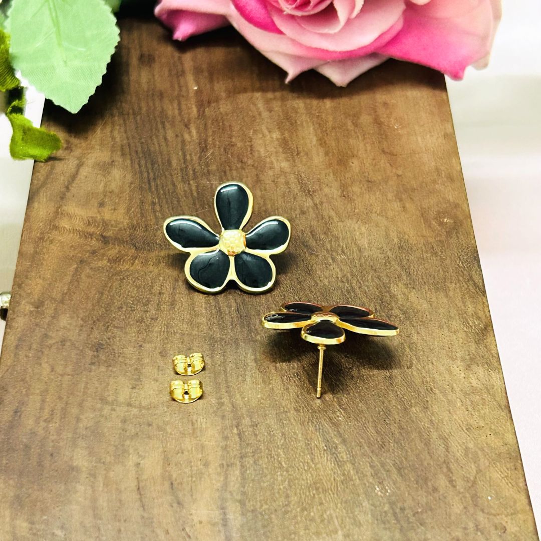 Floral Black Stud Earrings