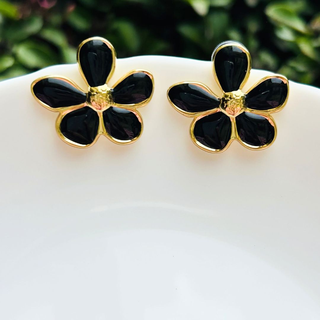 Floral Black Stud Earrings