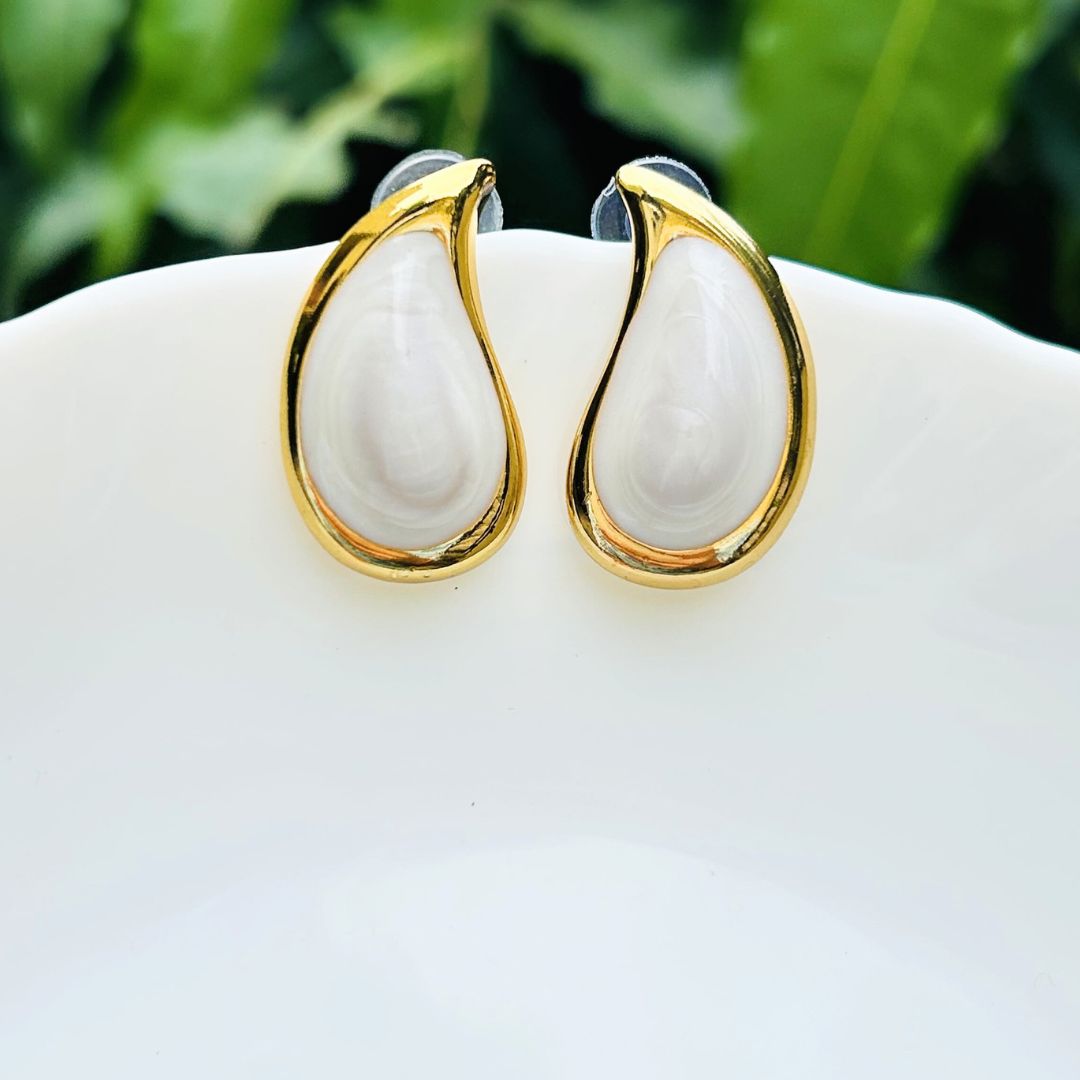 White Golden Tear Drop Earrings