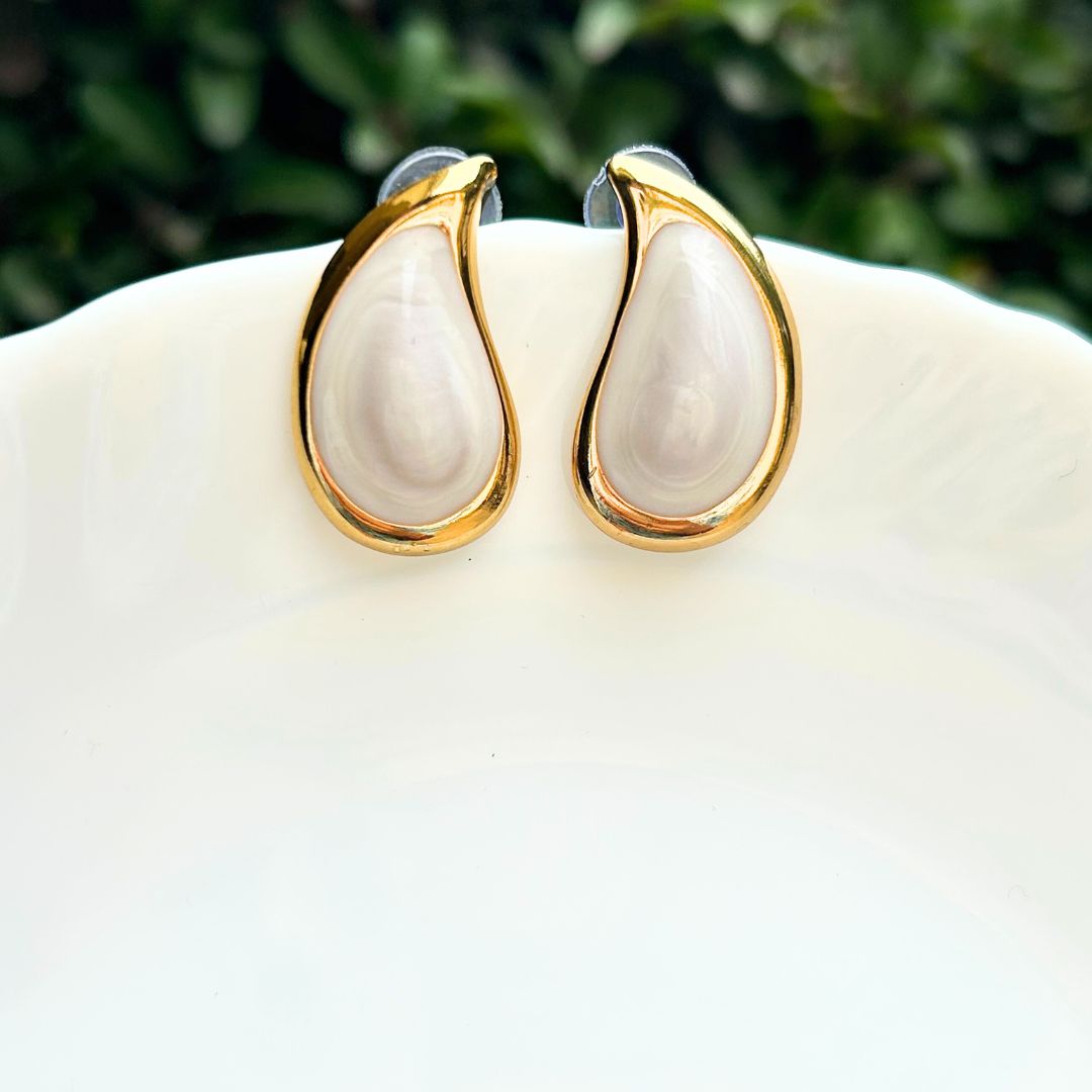 White Golden Tear Drop Earrings