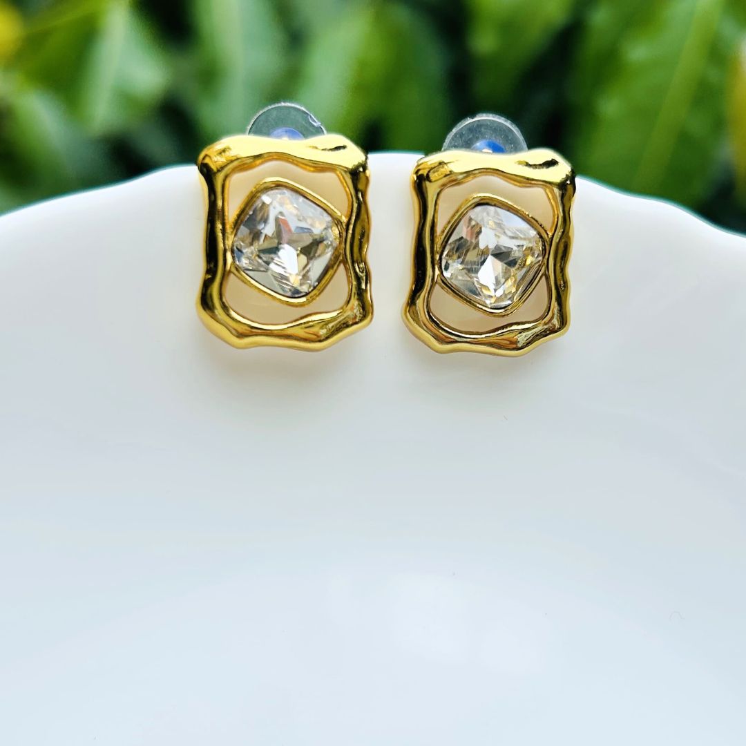 Crystal Square Golden Stud Earrings