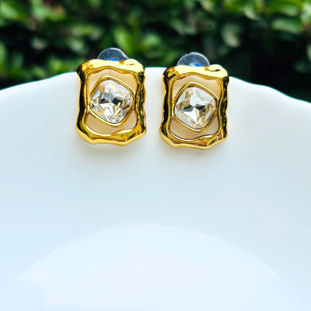 Crystal Square Golden Stud Earrings