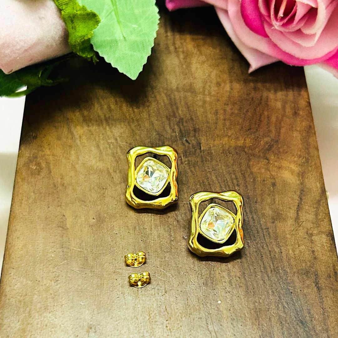 Crystal Square Golden Stud Earrings