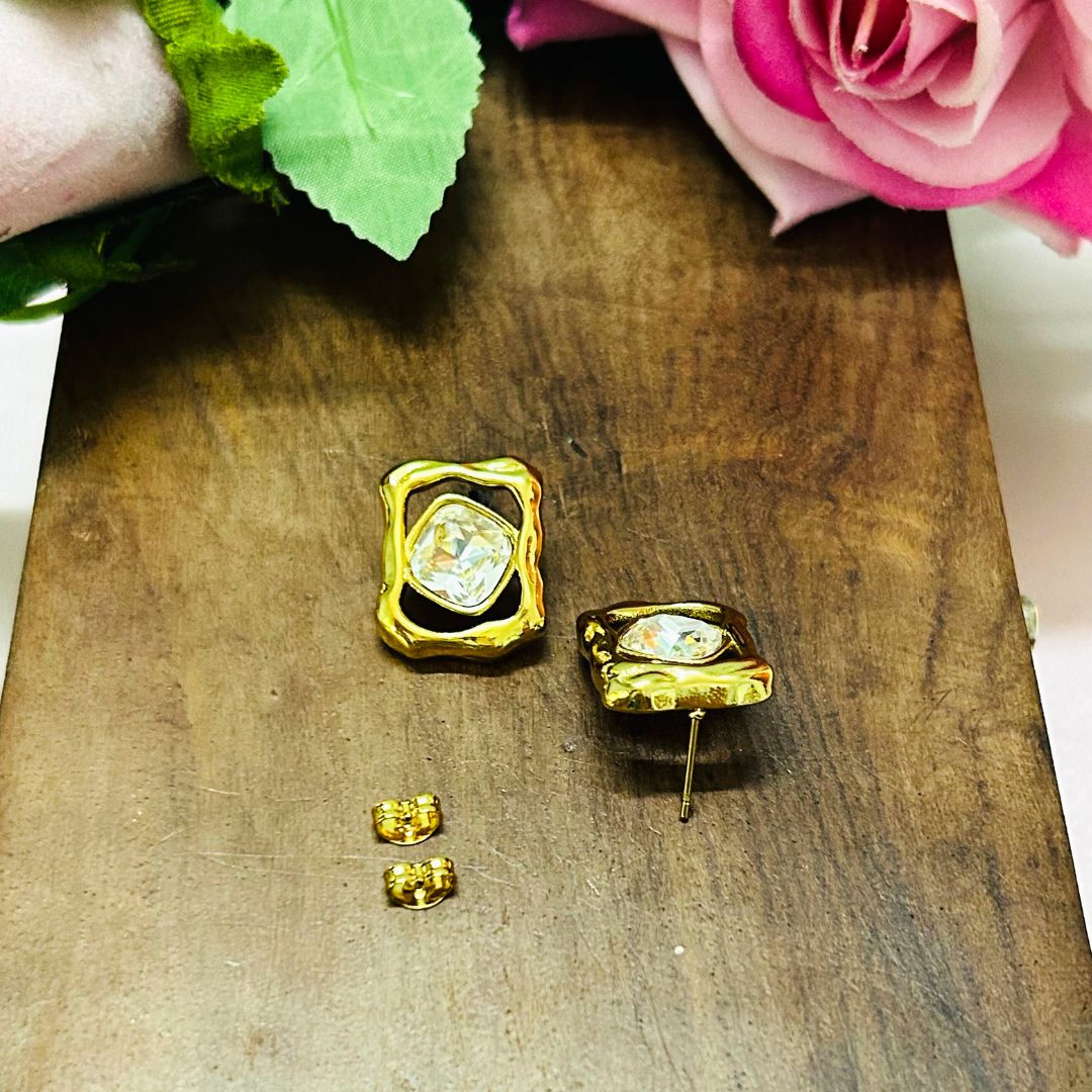 Crystal Square Golden Stud Earrings