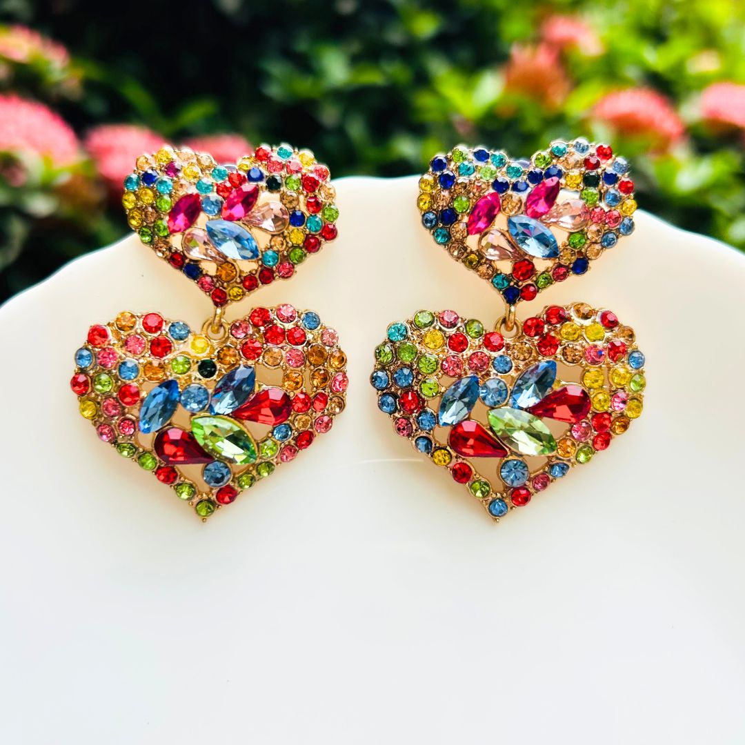 Multi Rhinestone Heart Drop Earrings