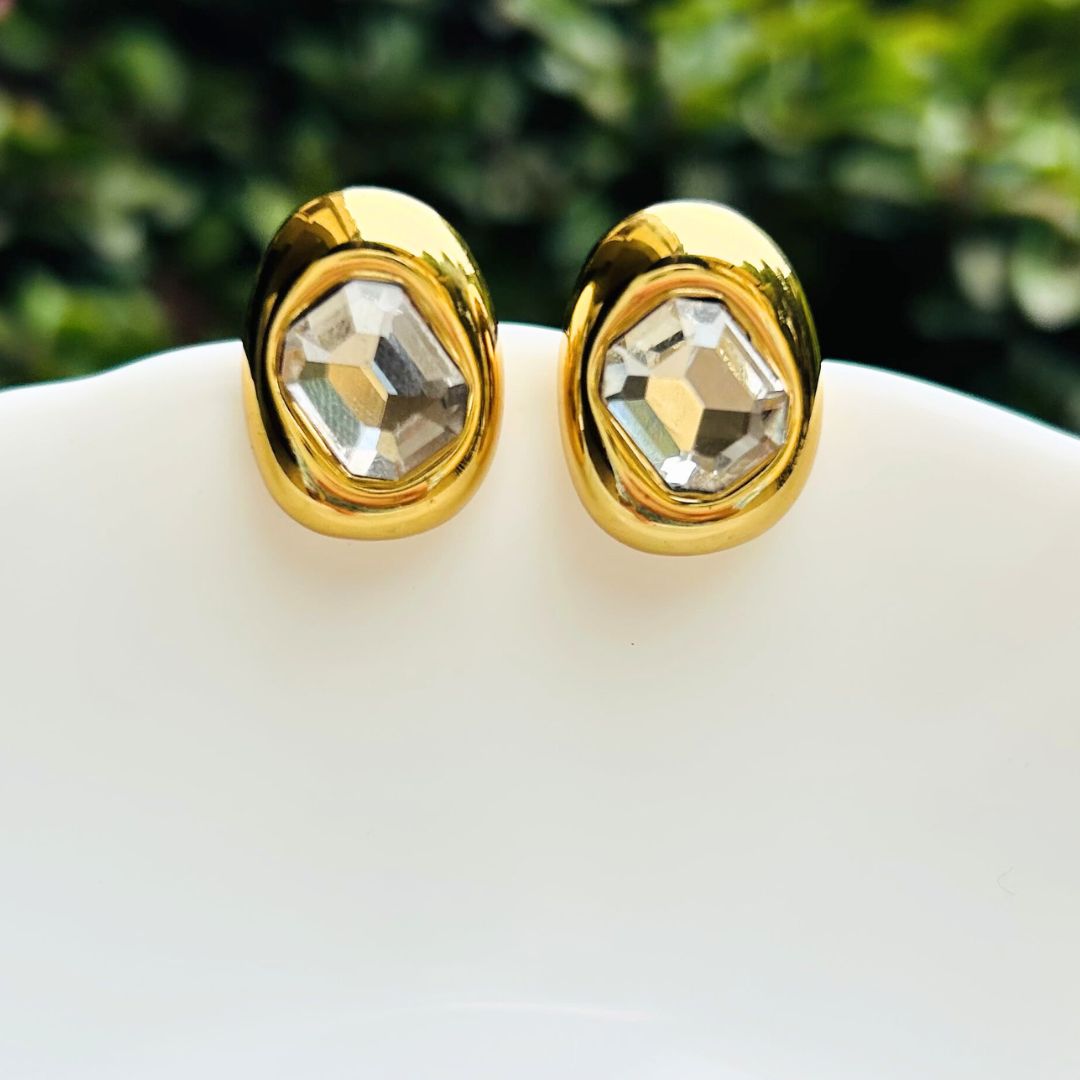 Crystal Oval Golden Stud Earrings