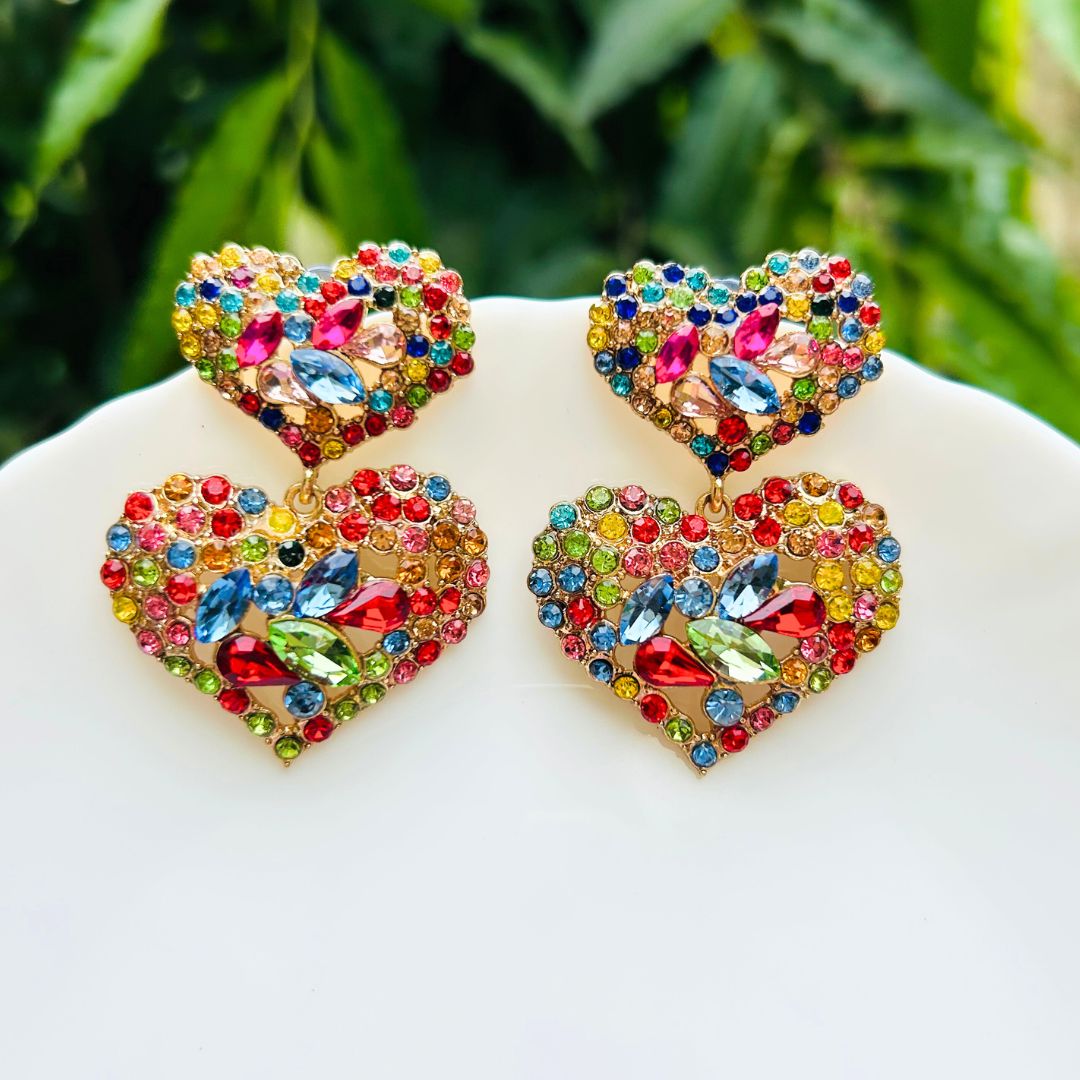 Multi Rhinestone Heart Drop Earrings