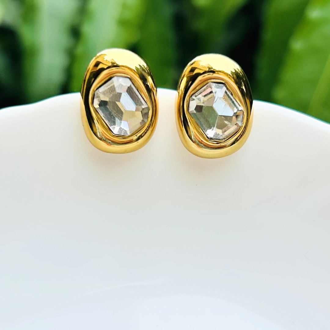 Crystal Oval Golden Stud Earrings
