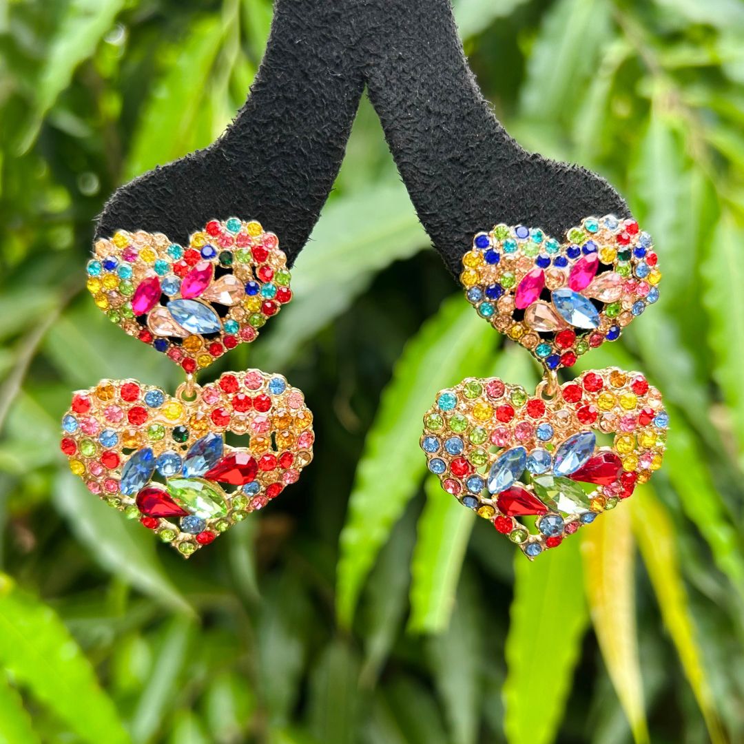 Multi Rhinestone Heart Drop Earrings