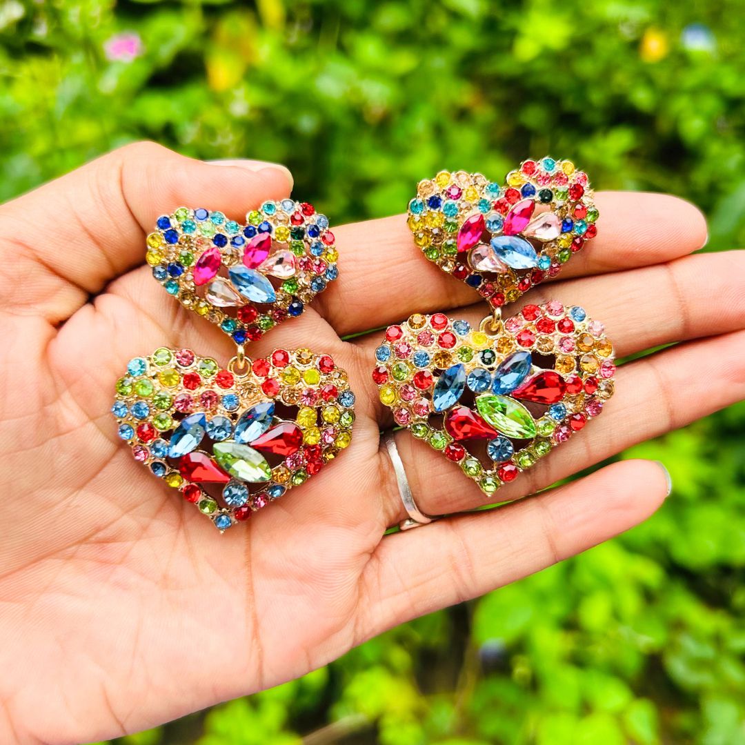 Multi Rhinestone Heart Drop Earrings