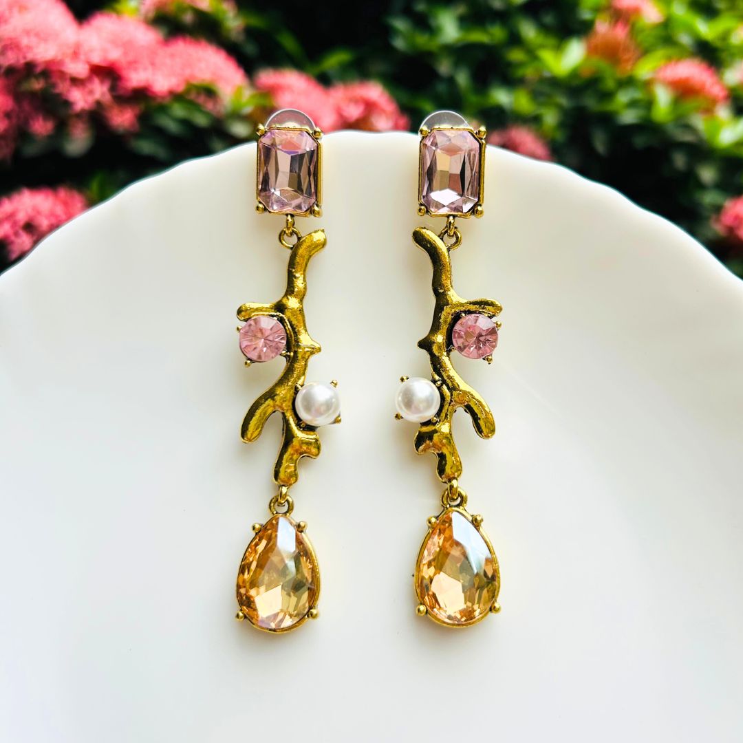 Square Rhinestone Pearl Drop Earrings