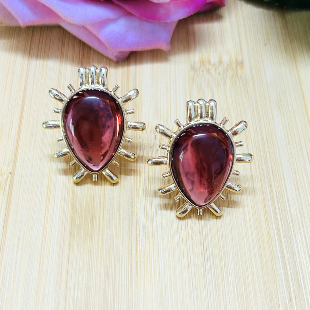 Sunburst Wine Red Drop Stud Earrings