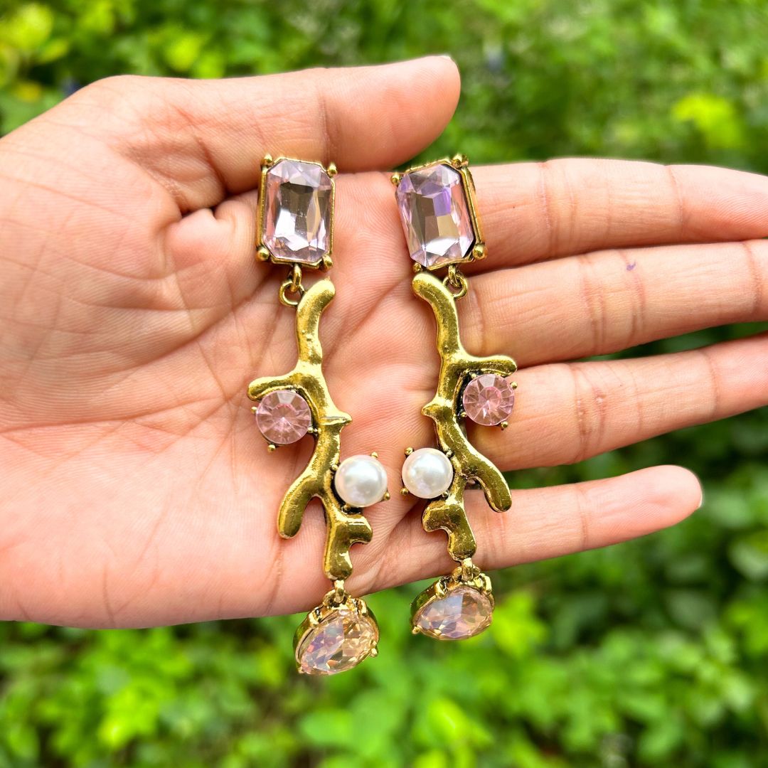 Square Rhinestone Pearl Drop Earrings