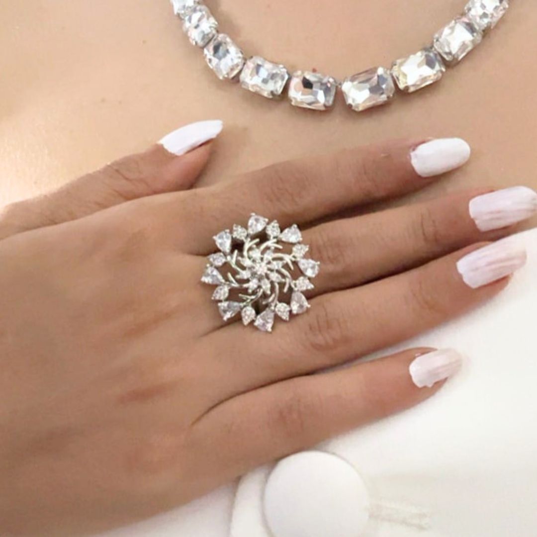 Nory Floral Cocktail CZ American Diamond Finger - Ring