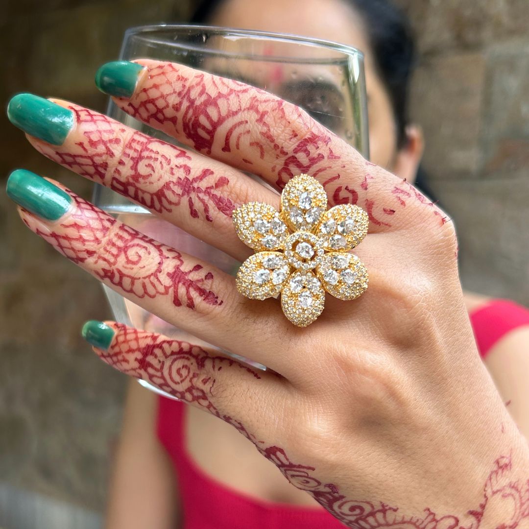 Laida Gold-Plated Handcrafted American Diamond Studded Floral Finger- Ring