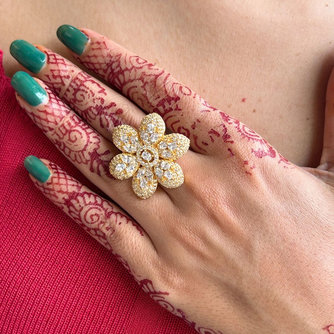 Laida Gold-Plated Handcrafted American Diamond Studded Floral Finger- Ring