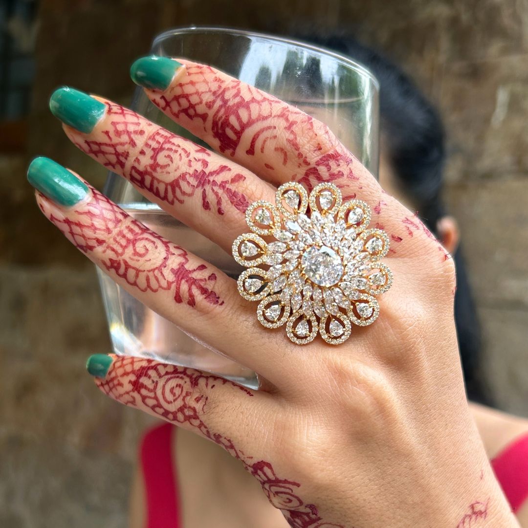 Laida Gold-Plated Handcrafted American Diamond Studded Floral Finger- Ring