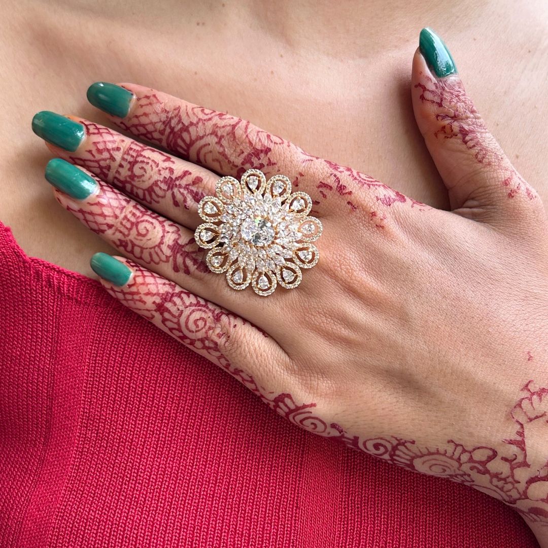 Laida Gold-Plated Handcrafted American Diamond Studded Floral Finger- Ring