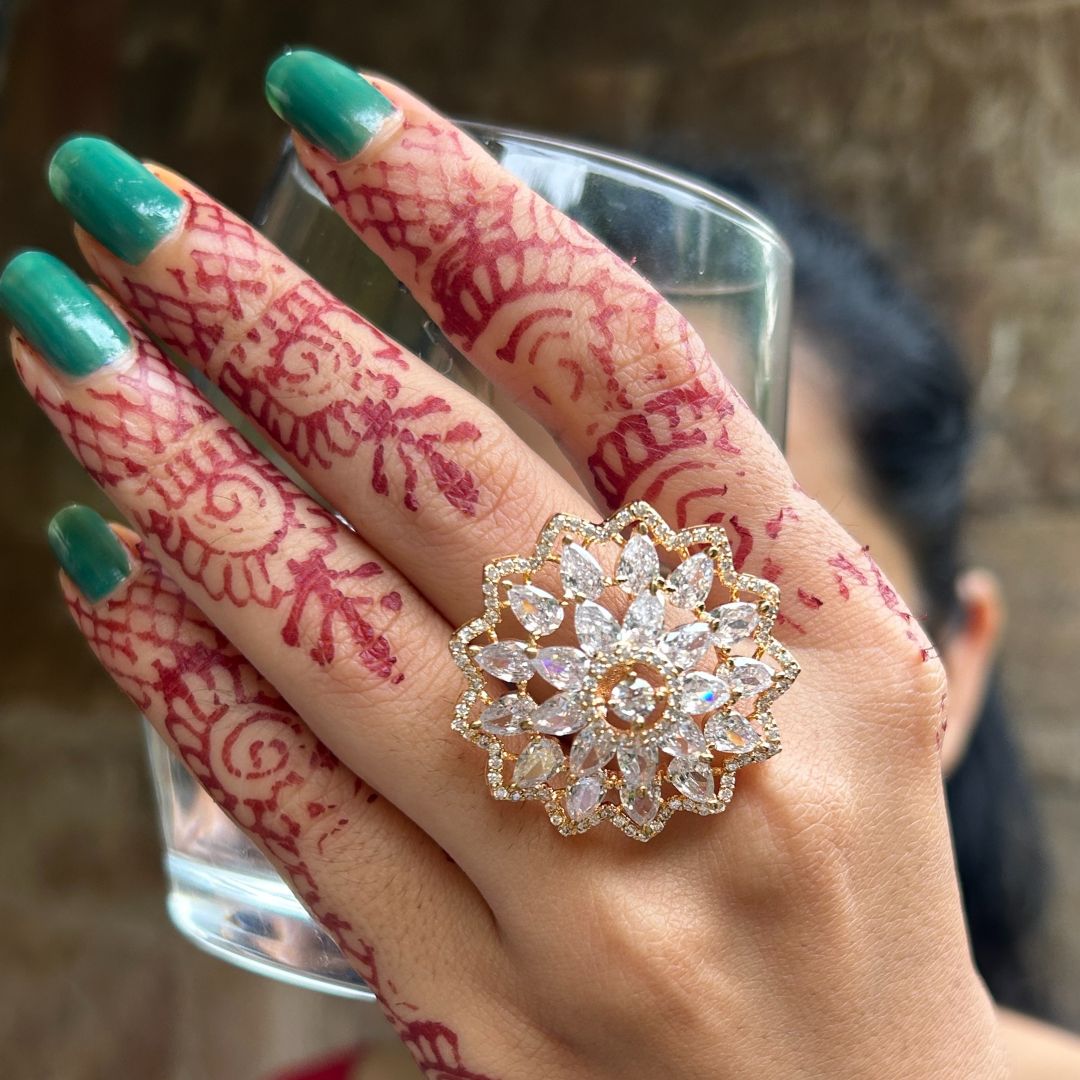 Floral American Diamond Studded Finger - Ring
