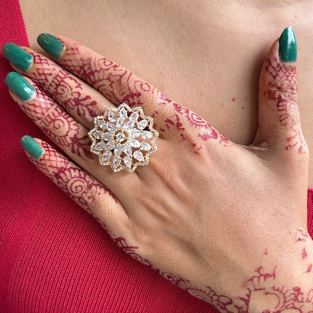 Floral American Diamond Studded Finger - Ring